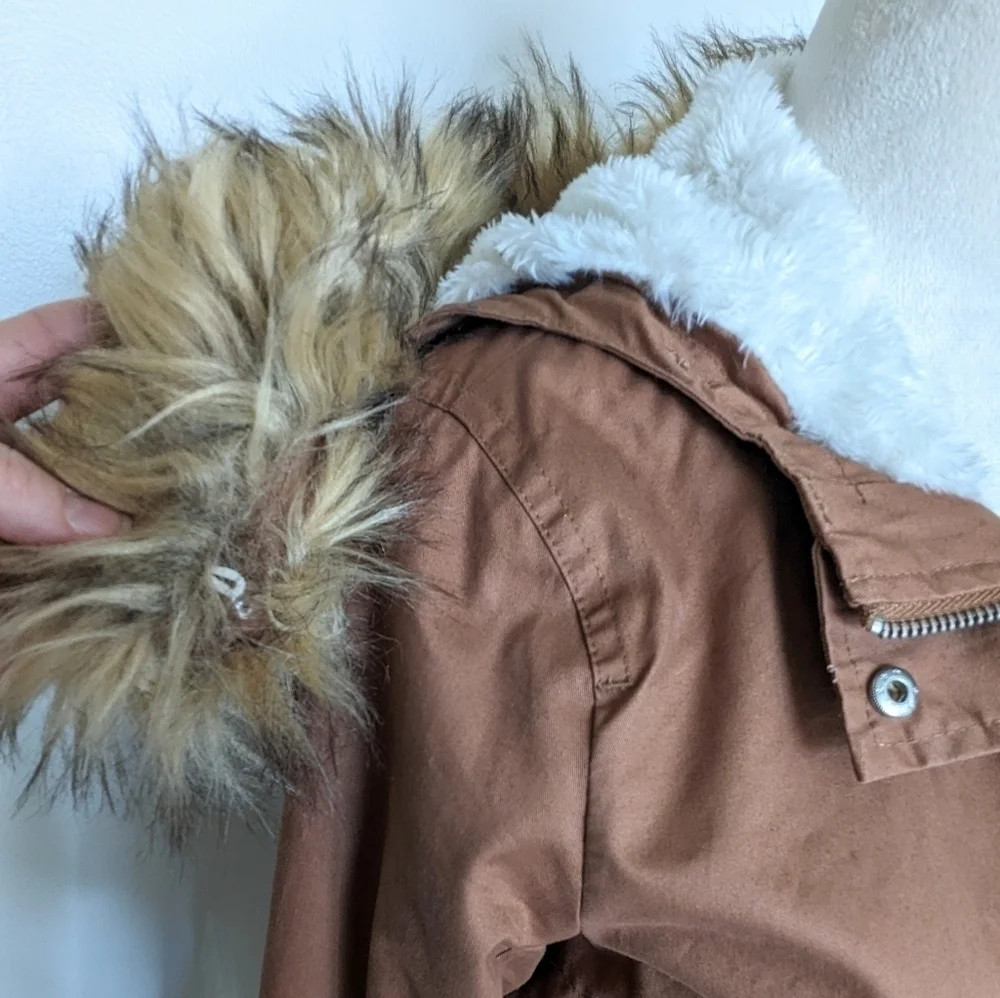Love Tree Boutique Brown Faux Fur Trimmed Hood Sherpa Lined Jacket Coat Small - Picture 5 of 13